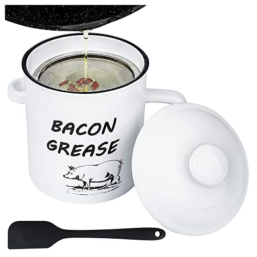 Bacon Grease Container with Strainer Rustic Farmhouse Ceramic Bacon Fat Container Bacon Grease Keeper with Food-Grade Silicone Spatula for Mom