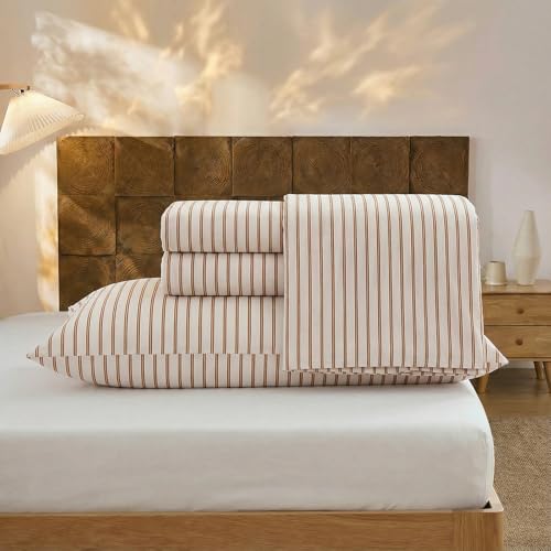 Image of Merryword 100% Cotton Sheet Set Full Size - Beige and Terracotta Striped Bedding, Soft Breathable Percale Weave, Deep Pocket Fitted Sheet 17.5 inch, Luxury & Silky Soft Sheet Set for All Seasons