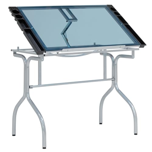 Studio Designs Folding Modern Glass Top Adjustable Drafting Table Craft Table Drawing Desk Hobby Table Writing Desk Studio Desk, 35.25" W x 23.75" D, Silver/Blue Glass