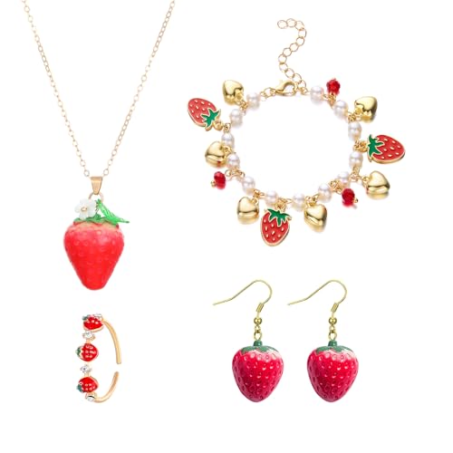 NIQIPOK 3Pcs Strawberry Cherry Jewelry Set 3D Simulation Strawberry Cherry Earrings Strawberry Cherry Necklace Bracelet Set Red Cherry Earring Fruit Charm Jewelry Set (Gold Strawberry Set)