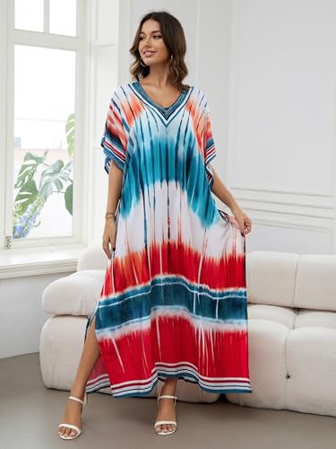 Image of IMAGEKOPE Women's Plus Size Loose Fit Moroccan Print V-Neck Batwing Kaftan Beach Dress Bathing Suit Cover Up