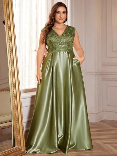 Image of Plus Size Satin Mother of the Bride Formal Gown for Wedding Sleeveless V-Neck Evening Dress