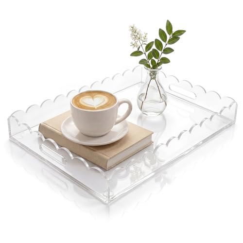 FUOAUYK Clear Acrylic Serving Tray with Handles 15 x 10 Inch Scalloped Decorative Tray for Coffee Table & Ottoman Perfume & Cosmetics Organizer for Bathroom Vanity & Kitchen Ideal for Drink & Snack