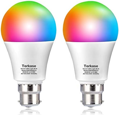 Alexa WiFi Smart Light Bulbs Bayonet, Torkase 9W (80W Equivalent) B22 RGB Dimmable Bulb Remote Control and Voice Control Compatible with Amazon Alexa, Google Home, No Hub Required - 2PACK