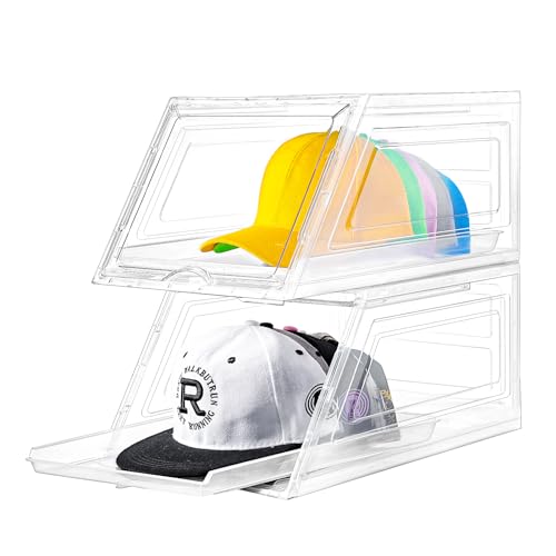 2 Pack Hat Organizer for Baseball Caps,Large Clear Cap Organizer with Drawer,Hats Holder Box for Closet with Sliding Tray,Stackable Hat Rack Display Case,Multi-use Hat Case for Caps,Each Holds 12 Hats