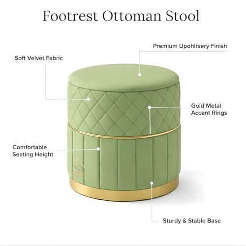 Image of Set of 2 Round Velvet Ottoman Footstool Gold Base - Tufted Upholstered Pouffe Stool for Living Room, Bedroom & Dressing Area (Pista Green)
