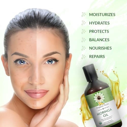 Organic Veda Moringa Oil Virgin 100% Pure & USDA Organic - Multi Purpose, Face, Hair & Skin, Nails, Fast Absorbing, Moisturizing & Beautifying - The Miracle Tree Moringa Oleifera Seed Oil, 16 fl.oz