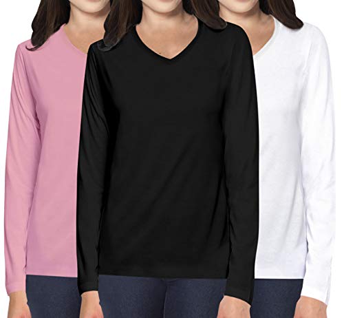 Image of Pooplu Women's Regular Fit Premium Combo V Neck Full Sleeves Pack of 3 Cotton Plain Pink, Black, White t-Shirts. Casual, Stylish, Plain Pootlu Tshirts