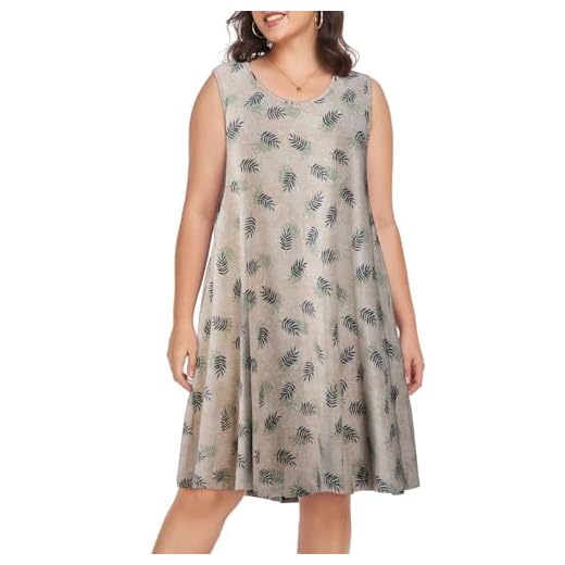 OVERWORETY Women's Swing Sundress Causal Sleeveless Plus Size Summer T-Shirt Tank Dress with Pockets(Frond,5X)