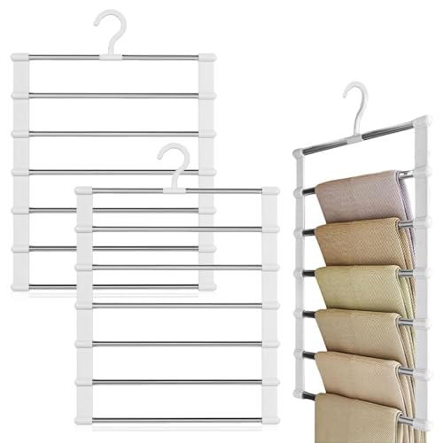 Lot de 2 cintres pour pantalons - Peu encombrant - Pliables - Cintres multiples - Porte-pantalons - Organisateur de penderie pour suspendre pantalons, serviettes, écharpes, jeans, cravates