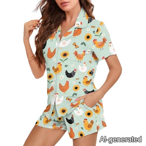 Image of Renewold Women's Short Sleeve Pajama Set Button Down Sleepwear with Notch Collar Soft Lounge Top and Shorts with Pockets