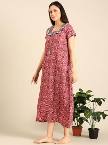 Image of Rupa Jon Aishwarya Women Full Length Printed Nighty in Premium Cotton Blend Fabric, Night Dress, Maxi Nighty for Comfortable Everyday Wear