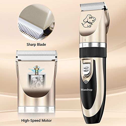 Maxshop Dog Grooming Kit, Low Noise Rechargeable Dogs Shaver Clippers Electric Quiet Dog Hair Trimmer For Dogs And Cats With Comb Guides Scissors Nail Kits (Gold-1) #TOP6