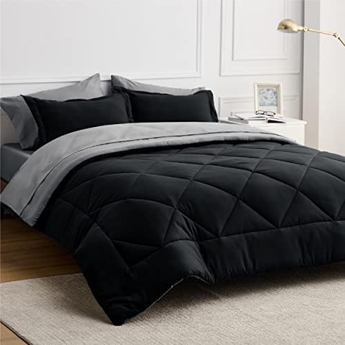 Bedsure Black Bed Set King - 7 Pieces Reversible Black Comforter Set King, Black Bedding Set King with Comforters, Sheets, Pillowcases & Shams, King Size Black Bed in a Bag