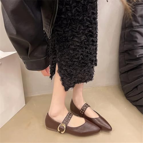 YTR6TW Women Pointed Toe Mary Janes Shoes Rivet Pu Leather Flats Shoes Spring Elegant Party Daily Pumps3