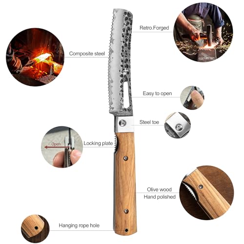 SENBON Forged 440A Stainless Steel pocket folding Bread knife Natural Olive Handle Camping trip Outdoor Portable Serrated knife
