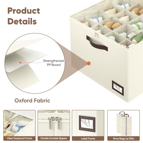 OIAHOMY 2 Pack Shoe Organizer for Closet, Large Foldable Shoe Storage Bins with Dividers and Reinforced Handles, Each Clear Cover Sneaker Box Fits Up to 16 Pairs for Entryway and Bedroom, Beige — view 5