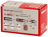 fischer DuoPower 5 x 25 S PH, Universaldübel mit Panheadschraube, 2-Komponenten-Dübel, Kunststoffdübel zur Befestigung in Beton, Ziegeln, Stein, Gipskarton uvm., 50 Dübel + 50 Schrauben – Ansicht 3