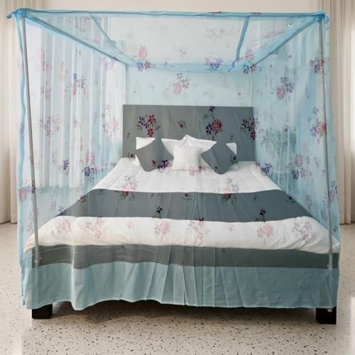 Image of Mosquito Net for King Size Bed - Foldable Square Mosquito Net Double Bed | Mosquito Net for Queen Size Bed | Floral Printed with Base Cloth Mosquitoes Net Sukun Wali Neend (6.5 x 6.5ft, Blue)