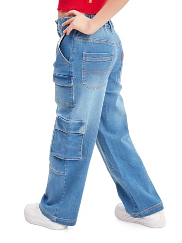 Image of olele Girls Super Jeans Collection for 4-14 Yrs | Stretchable Cotton Denim Trousers | Blue Jeans for Kids | Baggy Denim Pants | Cargo Pants for Girls
