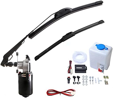 SCHRION 12V Electric Motor UTV Windshield Bottle Washer Kit Fits Polaris Ranger RZR General Golf Cart Tractor Can Am Commander UTV Windshield Wiper Washer Turbo Pump Kit 90 Degree Motor 2 Blades