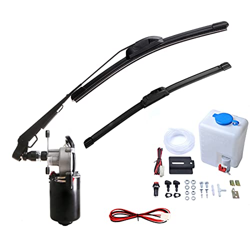 SCHRION 110 Degree Motor 12V Electric Motor UTV Windshield Bottle Washer Kit Fits Polaris Ranger RZR General Golf Cart Tractor Can Am Commander UTV Full Windshield Wiper Washer Turbo Pump Kit 2 Blade
