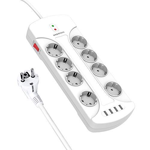 Preisvergleich Produktbild VASTFAFA Überspannungsableiter mit mehreren Steckdosen Blitzableiter, Block mit mehreren Steckdosen mit 8 Steckdosen und 4 USB-Anschlüssen (5 V, 2,4 A), Schalter, Steckdosenadapter, 1,5 m Kabel-Weiß