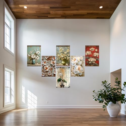 Image of SiddArtify Elegant White Floral Art Print Set - 300GSM Board - 8x12 Inch - Pack of 6 Wall Room Decoration art Poster Prints