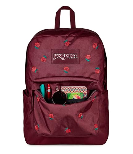 Image of JanSport Superbreak Plus FX Backpack - Work, Travel, or Laptop Bag with Water Bottle Pocket, Superbreak Plus Fx, Just A Rose Emb Cherry Lacquer /Grn /Red