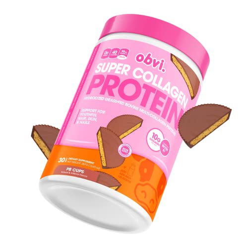Obvi Collagen Peptides, Protein Powder, Keto, Gluten and Dairy Free, Hydrolyzed Grass-Fed Bovine Collagen Peptides, Supports Gut Health, Healthy Hair, Skin, Nails (Peanut Butter Cups, 30 Servings)