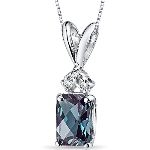 Peora Created Alexandrite with Genuine Diamond Pendant in 14 Karat White Gold, Elegant Solitaire, Radiant Cut, 7x5mm, 1.25 Carats total