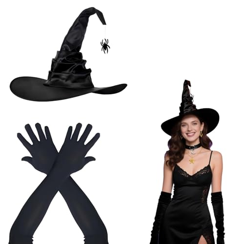 Set di cappello da strega di Halloween e guanti lunghi da donna, cappello nero da mago da 45,7 cm con ciondolo a forma di ragno e guanti elasticizzati lunghi 50 cm, costume di Halloween, carnevale Set di cappello da strega di Halloween e guanti lunghi da donna, cappello nero da mago da 45,7 cm con ciondolo a forma di ragno e guanti elasticizzati lunghi 50 cm, costume di Halloween, carnevale
