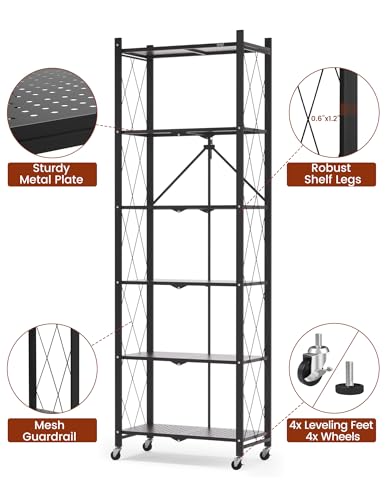 Image of ALANNG 73.6 Inch Folding Bookshelf, 6 Tier Metal Bookcase and Bookshelves | Tall Shelves for Living Room Office Bedroom, Heavy Duty Book Shelve Free Standing Open (Black, 3PACK)