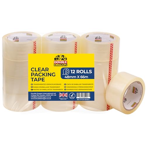 Double Dragon Clear Packaging Tape – Heavy-Duty, 48mm wide x 66m long (12 Rolls) | Strong Adhesive Cellotape Sellotape for Boxes, Parcels, Moving & Long-Term Storage | Transparent Sealing Tape