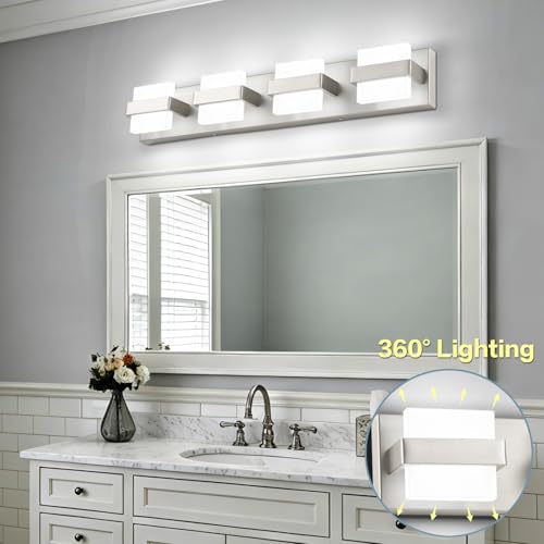 Image of SOLFART Brushed-Nickel Bathroom Light Fixtures, 4 Lights Bathroom Vanity Light LED Vanity Lights Brushed-Nickel Vanity Lighting, Dimmable