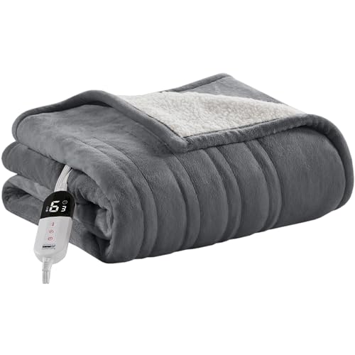 Degrees of Comfort Electric Blanket Twin Size - Soft Sherpa Flannel Heated Blankets - 6 Heat Settings, 10-Hour Auto Shut-Off, Overheat Protection, Etl Certified - 62x84'', Grey