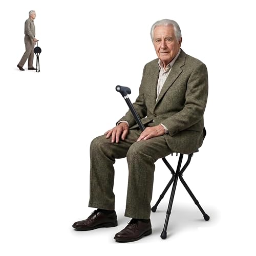 Walking Stick with Seat Adjustable Folding Walking Cane with LED Light Non-slip Rubber Base Lightweight Portable Shooting Stick with Seat for Travel Hiking & Seniors (Black)