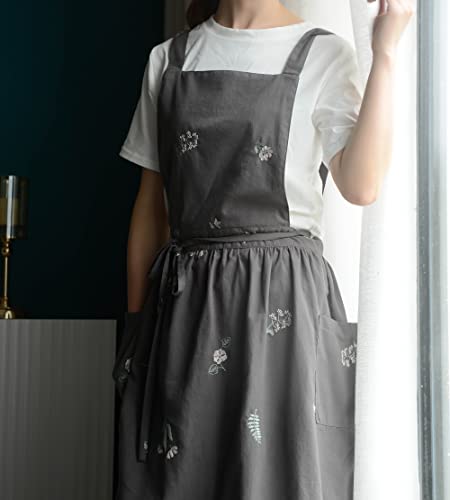 Talibsa Pinafore Apron Dress，Japanese Cotton Linen Cross Back Apron For Women With Pockets，Cooking Apron,Gardening Apron #TOP5