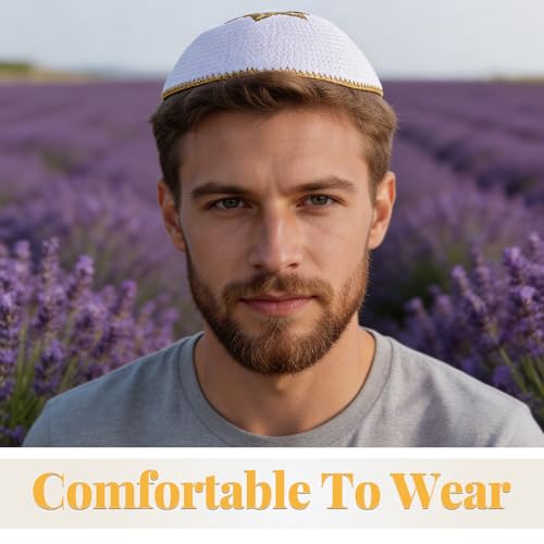 MOBUTOFU Handmade Knitted Kippah, Star of David Jewish Hat, Embroidered Kippah Headwear, Ceremonial Prayer Cap for Holiday Celebrations Religious Gatherings Golden