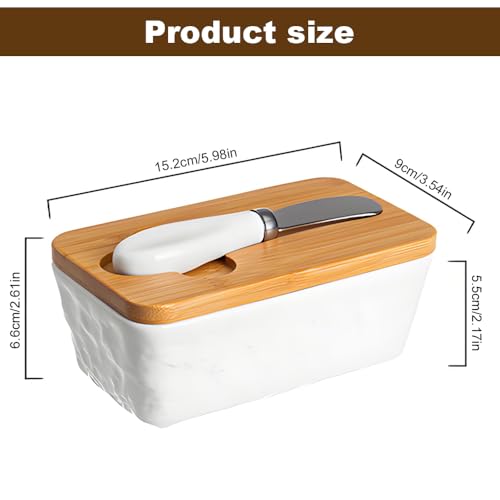 Burriera in ceramica, 500 ml, in metallo, contenitore per burro in porcellana, contenitore per burro in ceramica, con coperchio in bambù e coltello per burro, noci, formaggio (bianco) - immagine 3