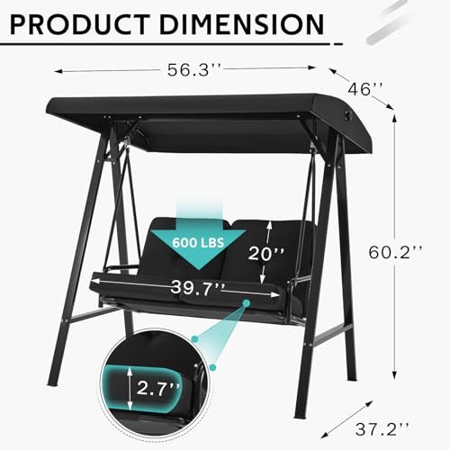Image of U-MAX 2 Seat Outdoor Patio Swing Chair for Adults, Porch Swings with Adjustable Canopy, Outside Swing Bench with Removable Cushion, Suitable for Backyard, Garden, Yard, Poolside, Balcony (Black)
