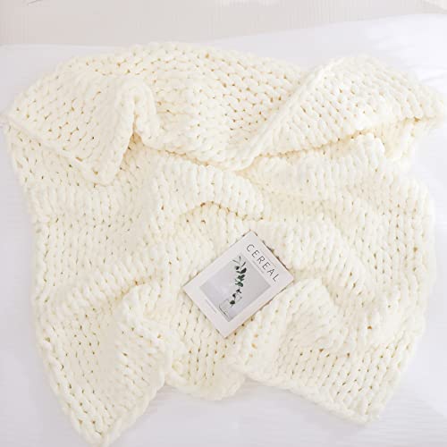 Yaapsu Chunky Knit Blanket Throw 51"X63", Soft Jumbo Chenille Throw Blanket, 100% Hand Knitted Throw Blankets For Couch Bed, Big Thick Yarn Cable Knit Blanket, Large Rope Knot Crochet Blanket (Ivory) #TOP2