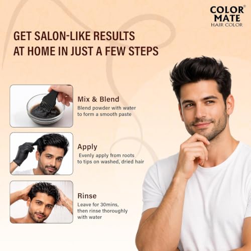 Image of Color Mate Natural Henna Hair Color Powder Black | No Ammonia Hair Colour | Long Lasting Natural Color | Soft, Smooth & Shiny Hair | 8 Minute Application | 10g | Pack of 10