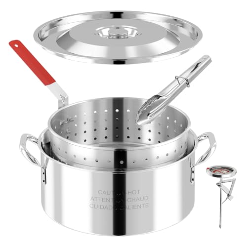 Image of 10QT Stainless Steel Deep Fryer with Basket | Fish Fryer | Frying Pot with Lid, Fryer Tong & Thermometer | Not Compatible with Induction or Electric Stoves | Perfect for Outdoor Use | Dishwasher Safe