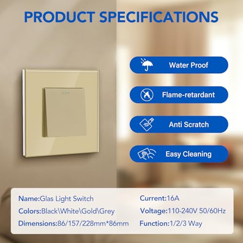 BSEED Lichtschalter 1 Fach 2 Wege Glas Lichtschalter Unterputz Taste Schalter Wechselschalter Gold Kristall Kippschalter