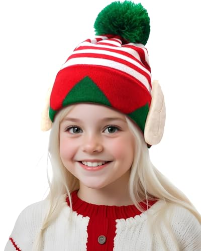 QLINLEAF Christmas Elf Kids Knitted Have Hat Xmas Red & White Stripes with Green Pom Hat With Ears Xmas New Year Party Hat
