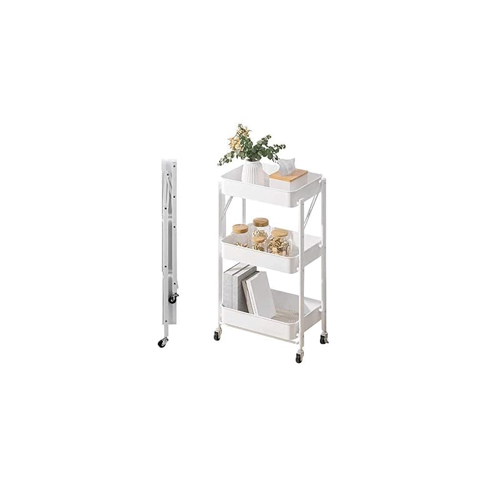 Home Brand 3 Tier Foldable Metal Rolling Utility Cart Organizer, 46x30x76cm Multipurpose Organizer Trolley with Casters for Kitchen, Bedroom, Bathroom, Office, Laundry Room and Garage White