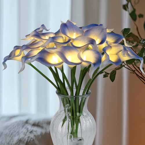 20pcs Lighted Artificial Calla Lily Bouquet Lamp Faux Floarl Night Light Real Touch Flower Night Lamp LED Calla Lily lighted Artificial Flower for Holiday Gifts Home Kitchen Decor(Light Blue, No Vase)