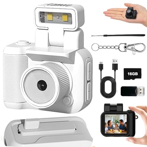 Mini Retro Video Camera Digital, Mini Keychain Camera with Sd Card, Portable Tiny Nostalgic Digital Camera, 1080p Hd with Led Flash Light (White 16GB)