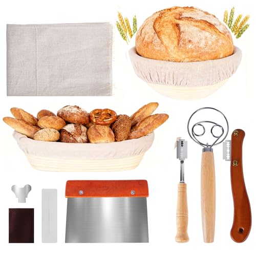Hengsong Gärkörbchen Oval Ø28cm&Gärkörbchen Rund Ø23cm,Gärkorb mit 100% Natürlichem Rattan,Brotbackset,Brötchenkorb mit Bäckerleinen-Leinentuch,Brotkörbchen mit Teigschaber&Teigrührer